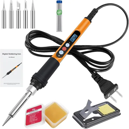 Miniatura 7 de Kit de soldador electrónico, herramienta de soldadura de temperatura ajustable de 60 W, 5 puntas de soldadura, bomba de desoldadura, soporte
