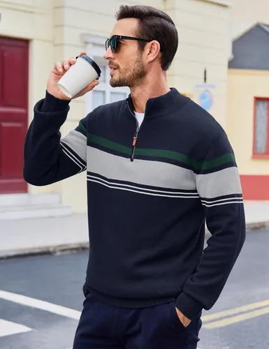 Miniatura 27 de MAGCOMSEN Suéteres de algodón con cremallera de 1/4 para hombre, suéter tipo polo, a rayas, para otoño e invierno, sudaderas cálidas