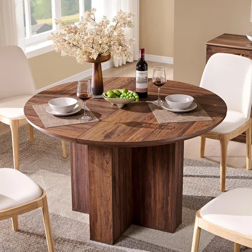 OKD Mesa de comedor redonda de madera moderna de 47 pulgadas para 4, mesa de comedor con base de pedestal cruzada estable y mesa gruesa, mesa de