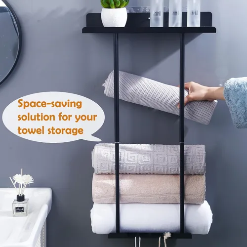 Miniatura 4 de Toallero de metal para colgar en la pared del baño, toallero de baño negro para almacenamiento de toallas de baño con ganchos para colgar y estante
