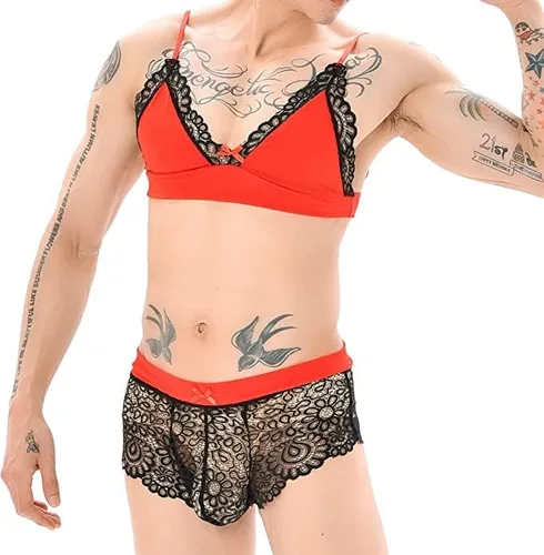 Miniatura 2 de QiaTi Lencería de encaje para hombre Sissy Crossdressing, ropa interior con brasier, ropa interior traslúcida, traje de bikini para dormir