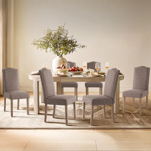 Miniatura 3 de Silla de comedor tapizada moderna y elegante Parsons con respaldo alto con ribete plateado de cabeza de clavo y patas de madera, juego de 2, tela
