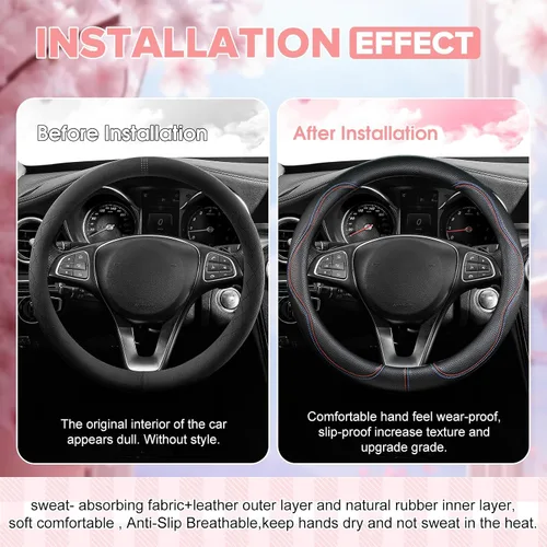 Miniatura 3 de Funda negra para volante de automóvil, antideslizante, transpirable, cómoda, de cuero PU, lindo protector universal, accesorios interiores de Rosa