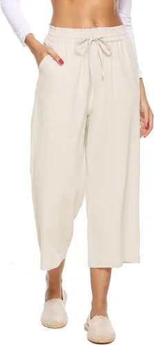 LNX - Pantalones de lino para mujer, cintura alta, pierna ancha, cordón ajustable, pantalones holgados informales con bolsillos