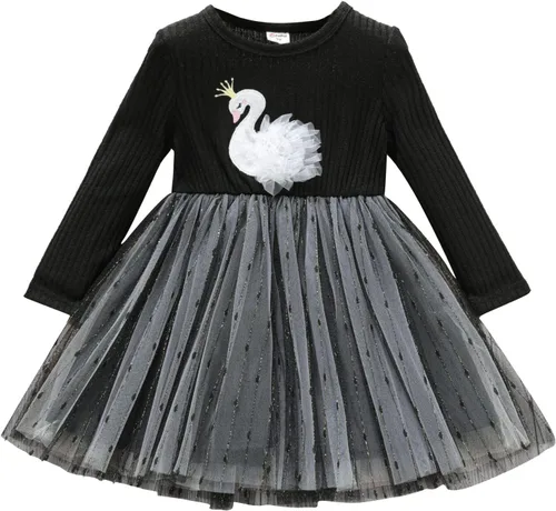 PATPAT Vestido de niña pequeña falda tutú de malla de manga larga con flores y lazo, vestidos de fiesta, 18-24 meses a 5-6 años