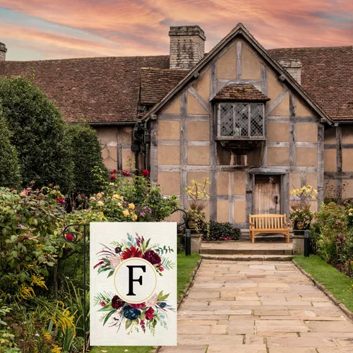Miniatura 7 de Banderas de jardín con monograma de letra F, bandera de jardín de verano de 12 x 18 pulgadas, banderas florales de doble cara para patio, bandera