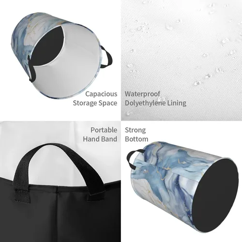 Miniatura 4 de Cesta circular con estampado de mármol blanco y azul, impermeable, cesta organizadora de lavandería, con asas, para ropa, juguetes, pequeña