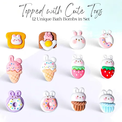 Miniatura 9 de EvolutionUSA Juego de 12 bombas de baño Bloom con juguetes, adorable set de bombas de baño para niñas, bombas de baño burbujeantes para niños, bola
