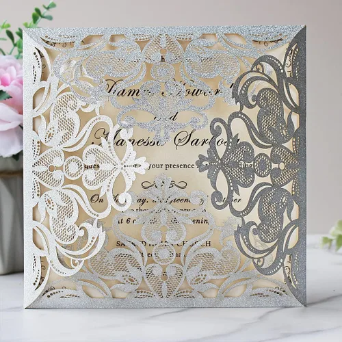 Miniatura 9 de Hosmsua 50 tarjetas de invitación de boda negras cortadas con láser con sobres, invitaciones de rosa hueca de 6.3 x 6.3 pulgadas para boda