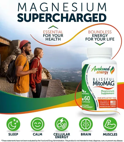 Miniatura 2 de Blissful MitoMag - Complejo de magnesio elemental de 300 mg: Mg glicinato, Mg BHB - Músculos del sueño Energía del estado de ánimo Enfoque cognitivo