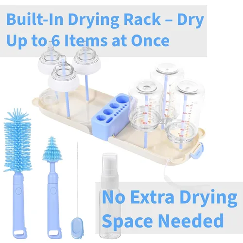 Miniatura 8 de Kit limpiador de botellas de viaje, 7 en 1, equipo de viaje de silicona, juego de cepillos para botellas de viaje, estante de secado de pezones, Azul