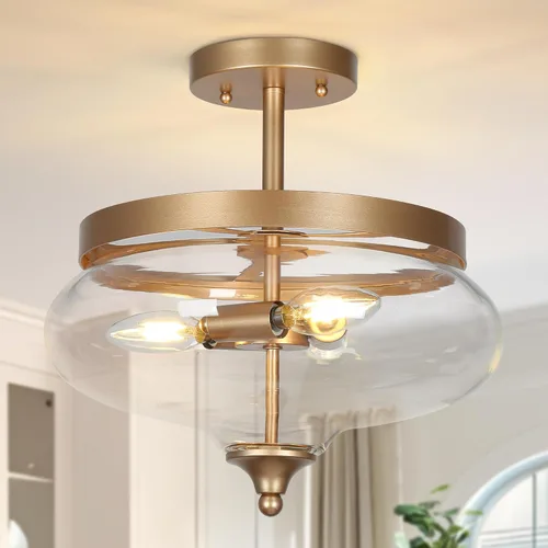 Miniatura 10 de classy leaves Lámpara de techo semiempotrada, color negro y dorado, lámpara de techo de 3 luces moderna de granja con vidrio sembrado para cocina