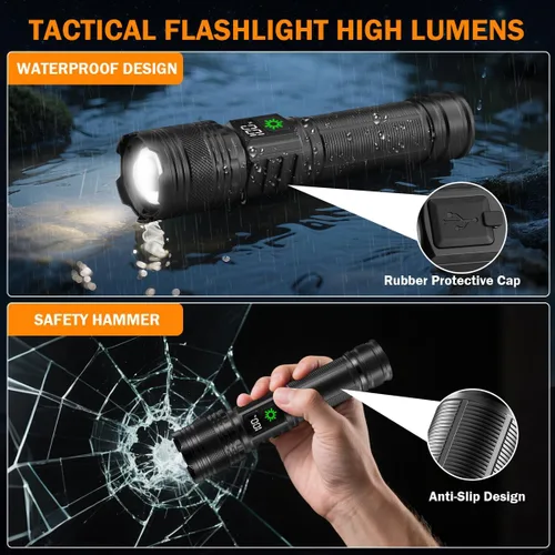 Miniatura 6 de Paquete de 3 linternas recargables de alto lúmenes 9900FL, linterna LED recargable con pantalla digital LCD, 5 modos de luz de flash ajustable