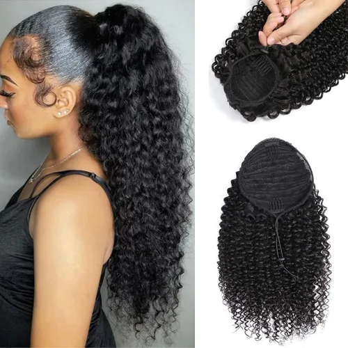 Miniatura 16 de Extensiones de pelo rizado con cordón para cola de caballo, extensiones de cabello humano para mujer con dos clips 1B# 120g/set (71cm)