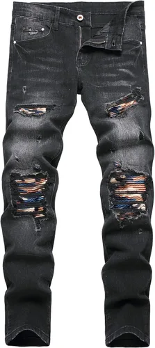XIMXIMMTIAN Jeans rectos de motociclista para hombre, desgastados, desgastados, ajustados, rectos