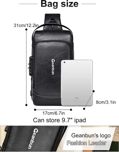 Miniatura 6 de Geanbun Bolso bandolera antirrobo para hombre, bandolera de piel sintética a la moda, mochila USB para el pecho para viajes