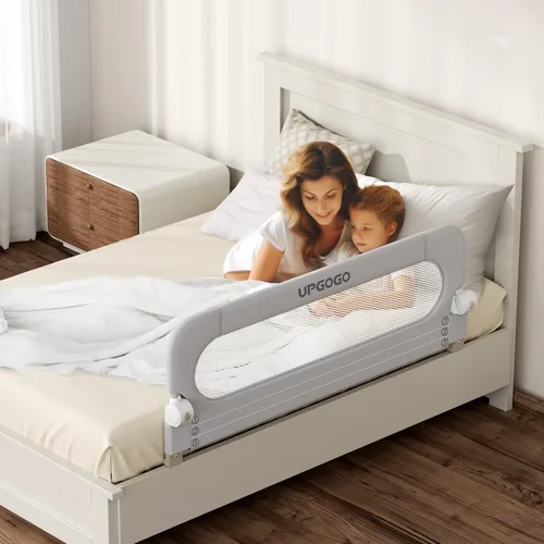Miniatura 7 de UPGOGO Barandilla de cama plegable para niños, barandilla de cama para bebé con sistema de seguridad de anclaje reforzado, se adapta a literas, Gris