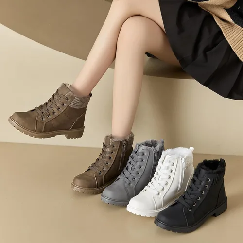 Miniatura 8 de Uoidru Botas de combate para mujer, botines de tobillo negro, botas de nieve de invierno, botas blancas con cordones, cómodas botas peludas