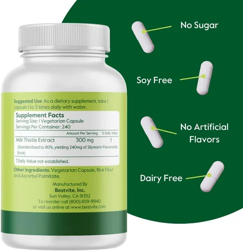 Miniatura 3 de BESTVITE Cardo mariano de 300 mg (240 cápsulas vegetarianas) - estandarizado al 80% de flavonoides de silimarina - Sin estearatos - Vegano - Sin OMG