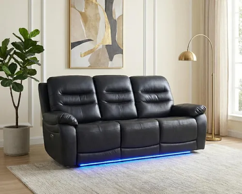 Miniatura 41 de Juego de 3 piezas para sala de estar, sofá reclinable eléctrico de cuero con puertos USB, iluminación LED y portavasos, asientos de cine en casa