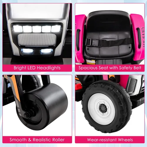 Miniatura 8 de Costzon Auto para montar en coche, rodillo de carretera de 12 V con control remoto, tractor eléctrico a batería con rodillo de tambor ajustable, Rosa