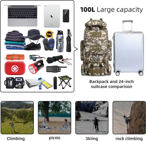 Miniatura 6 de Mochila de senderismo para acampar de 100L, mochila táctica militar Molle, mochila de senderismo ligera impermeable, Grande Citycamo