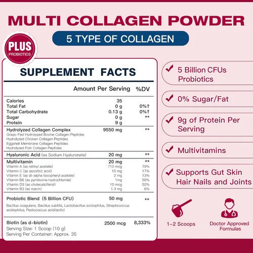 Miniatura 2 de Polvo de péptidos de colágeno múltiple con probióticos - Tipo I II III V X - Péptidos de colágeno hidrolizados con multivitaminas, ácido hialurónico