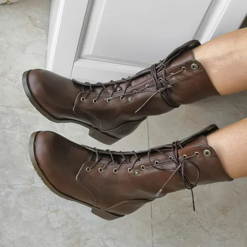 Miniatura 4 de Botas de combate romanas de cuero para mujer, con cordones, de media pantorrilla, para invierno, al aire libre, casual, para caminar, a la moda