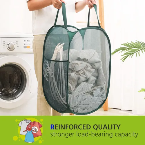 Miniatura 2 de HONOMA Cesta de Malla Resistente para Ropa Sucia Tipo Canasta Bolsa, Cesta Desplegable con Bolsillo Lateral para Cuarto de Lavado, Baño, Habitación