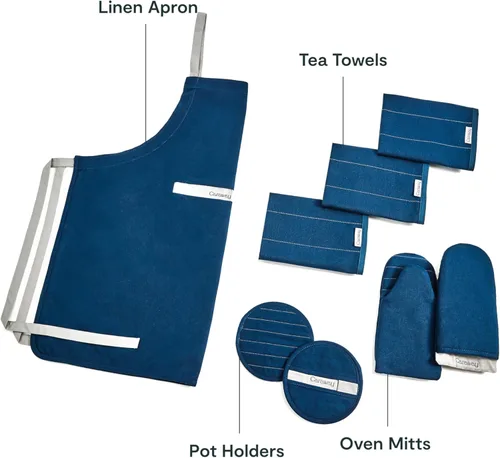 Miniatura 2 de Caraway Juego de lino – Delantal, soportes para ollas, guantes de horno y paños de cocina – 100% algodón orgánico – Duradero, lavable a máquina Azul