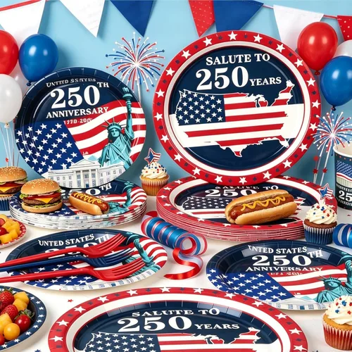 Miniatura 2 de 120 platos y servilletas del 4 de julio, suministros de fiesta de aniversario del 250 para 24 invitados, platos de papel patrióticos desechables