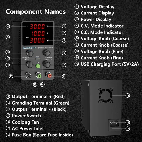 Miniatura 3 de Fuente de alimentación de CC variable, 0-30V 0-10A Fuente de alimentación de banco regulada de CC con pantalla LED de 4 dígitos de alta precisión