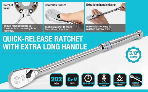 Miniatura 3 de DURATECH Trinquete de mango extra largo de 3/8 pulgadas, llave de trinquete de 90 dientes con mango de 12 pulgadas y cabeza cerrada