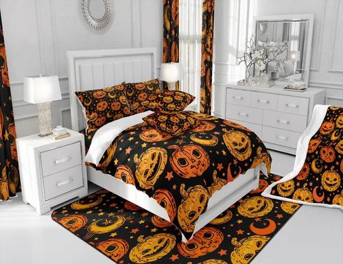 Miniatura 8 de Juego de edredón de calabaza para niños, con estampado de calabaza, estilo Halloween, juego de ropa de cama para niños, juego de ropa de cama
