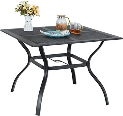 Miniatura 8 de MFSTUDIO Mesa de comedor al aire libre cuadrada de 60" de metal, mesa grande de patio con 8 plazas y agujero ajustable para sombrilla para terraza