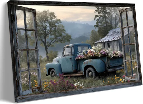 Miniatura 12 de Decoración rústica de granja en lienzo con ventana abierta, impresiones artísticas para pared, pintura de camión viejo, lienzo de granero y bandera