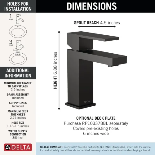 Miniatura 5 de DELTA - Grifo de baño moderno negro mate, para un solo agujero, para lavabo de tocador, conjunto de desagüe de metal con botón de expulsión, negro