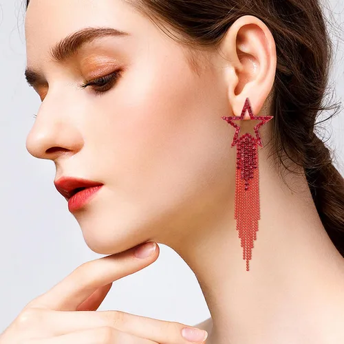 Miniatura 2 de EVER FAITH Aretes de borla de estrella para mujer, aretes largos de cristal de diamantes de imitación con cuentas de cascada con flecos, aretes