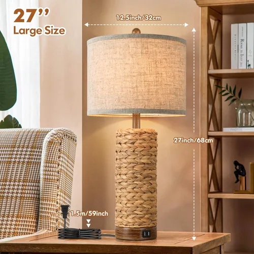 Miniatura 2 de Juego de 2 lámparas de mesa de ratán para sala de estar con 2 puertos USB, lámpara de dormitorio de 27 pulgadas de alto, casa de campo costal