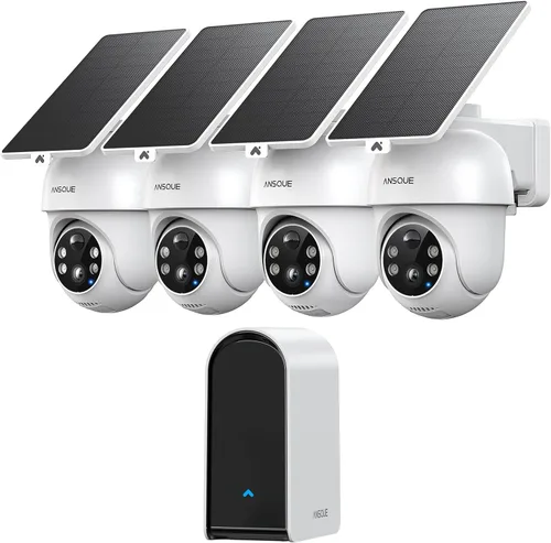 Cámaras de seguridad ANSQUE inalámbricas para exteriores del hogar, kit de 4 cámaras, sin tarifas de suscripción, alimentadas por energía solar,