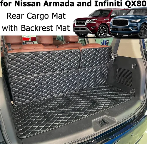 Miniatura 4 de para 2017-2024 Nissan Armada / 11-13 Infiniti QX56 / 2014-2024 QX80 Alfombra de maletero y fundas de respaldo trasero para 2ª+3ª fila (5 piezas)