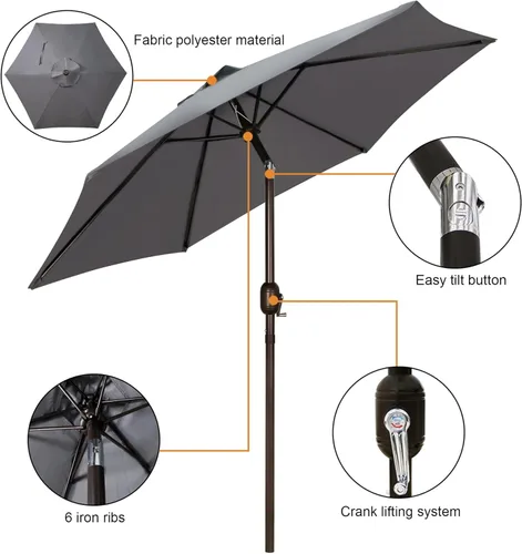 Miniatura 2 de Blissun sombrilla de patio de 7.5 pies, sombrilla de jardín, sombrilla de mercado al aire libre con botón de inclinación y manivela, gris oscuro