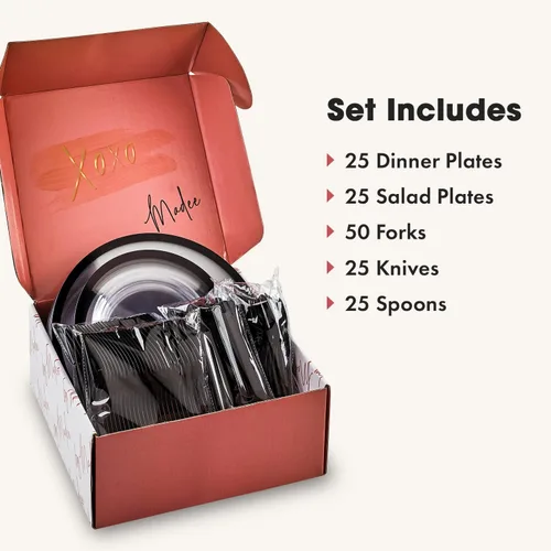 Miniatura 7 de By Madee HEAVYweight - Juego de 150 platos y utensilios de plástico transparente y negro, juegos de vajilla de plástico elegante con regalo de claro
