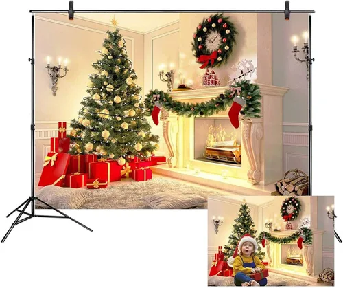 Miniatura 14 de LB Telones de fondo de chimenea de Navidad para fotografía de 5 x 3 pies, calcetines de árbol de Navidad, regalos de Año Nuevo, para niños