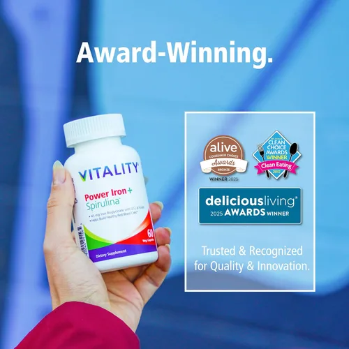 Miniatura 4 de Vitality Power Iron + Spirulina Hierro de 45 mg Constructor de sangre Apoyo a la deficiencia de hierro Vegano Suplemento natural Suave