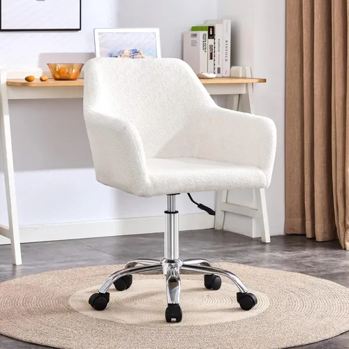Miniatura 12 de Silla de oficina en casa, moderna silla de escritorio de tela de peluche copetuda con respaldo medio, silla giratoria ajustable para oficina