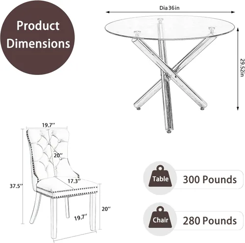 Miniatura 2 de Juego pequeño de mesa redonda con tapa de vidrio transparente para 2, 36'' Juego moderno de lujo para cenas circulares, 3 piezas Juego minimalista