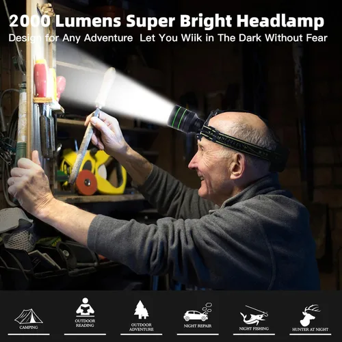 Miniatura 4 de Linterna frontal recargable LED súper brillante de 2000 lúmenes, lámpara de cabeza con zoom con 5 modos de iluminación, ajustable a 90° e