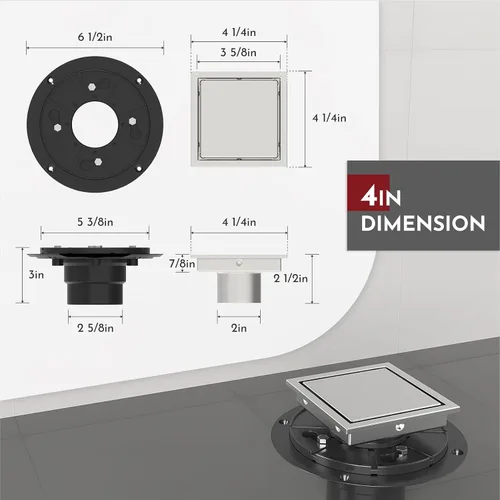 Miniatura 2 de WEBANG Drenaje de ducha cuadrado de 4 pulgadas con drenaje de piso cepillado con brida reversible cubierta 2-en-1 inserto de azulejos rejilla