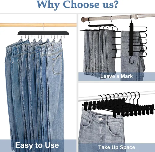 Miniatura 3 de Ganchos para jeans para armario, 14 ganchos de madera para jeans que ahorran espacio, ganchos giratorios de 180° para faldas, pantalones cortos